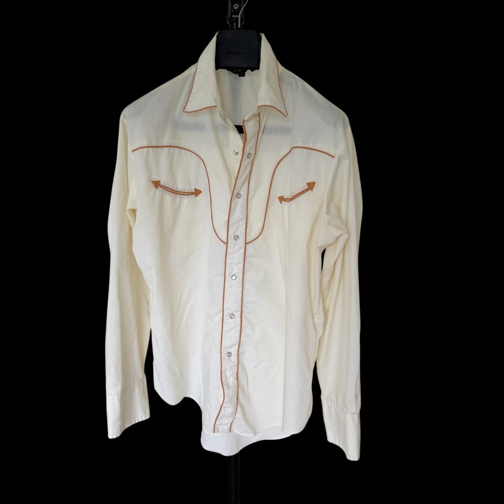 Vintage Austin Western Pearl Snap Shirt Cream Tan Piping Arrow Pockets Large